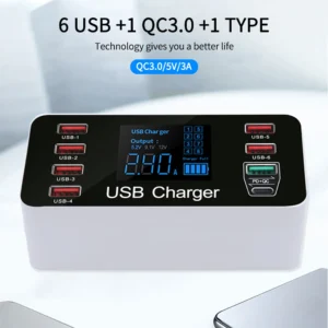 Carregador super Rápido com 6 portas usb, 1 porta PD QC 3.0, 1 porta type C